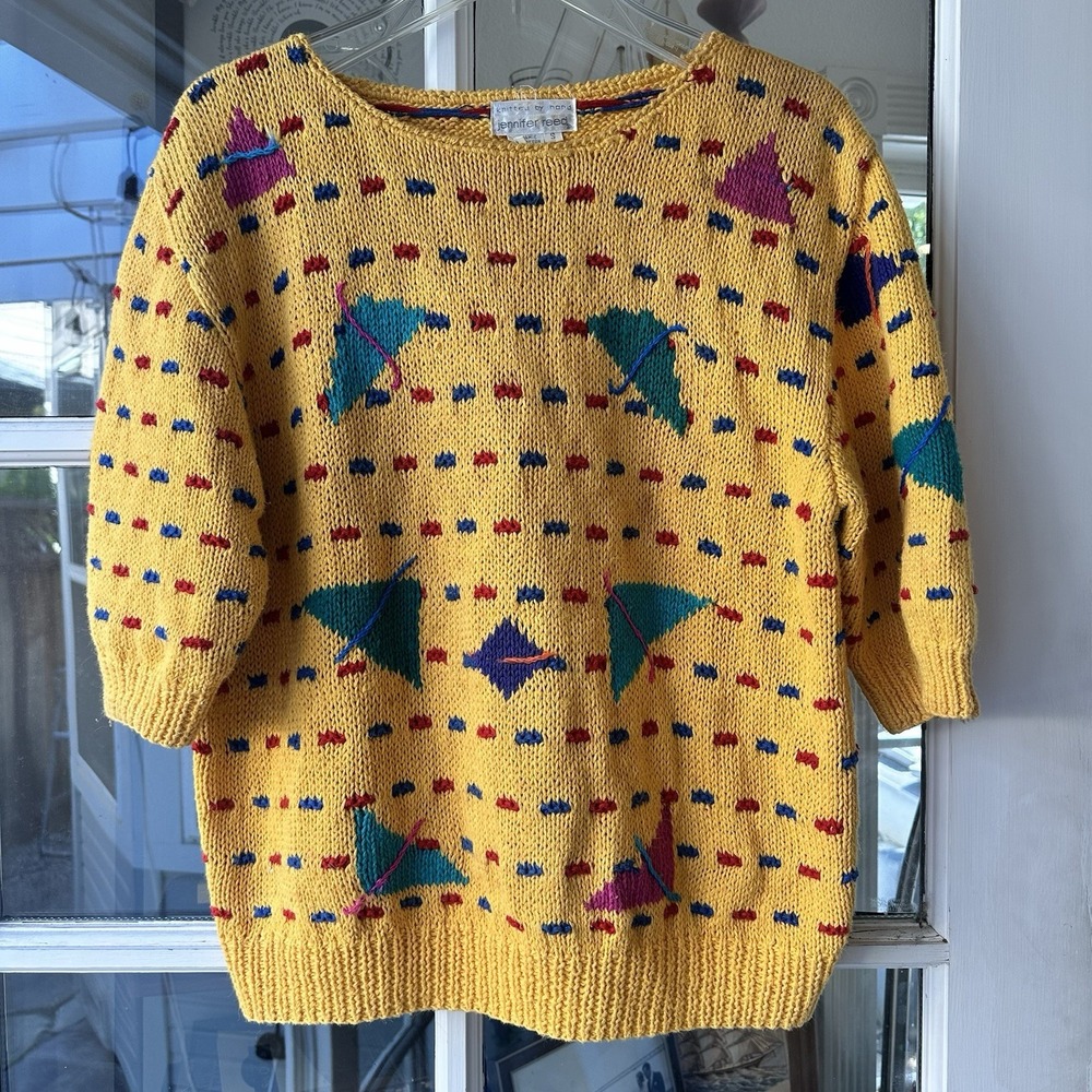 Vintage Jennifer Moore‎ Yellow Geometric Grandpa Granny Cotton Blend Size S 80s